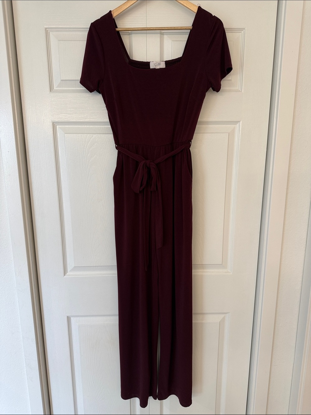 Gilli Wine Square-Neck Jumpsuit with Waist Tie